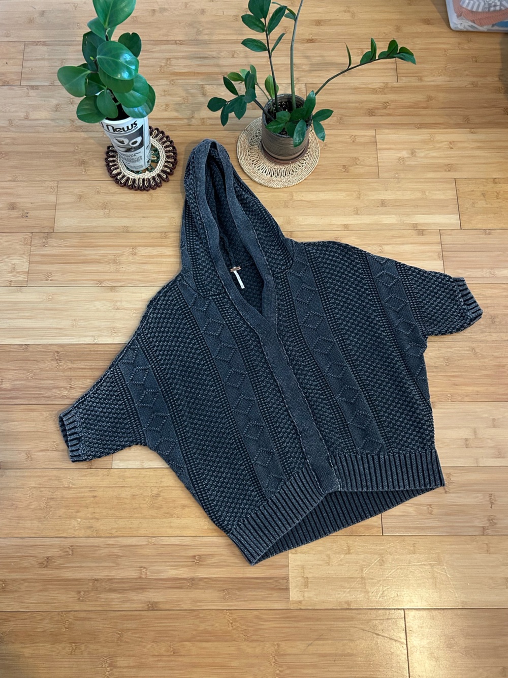 Free People Hooded Charcoal Cable Knit Sweater